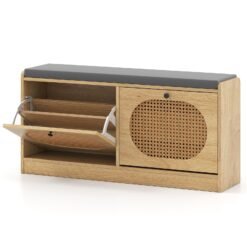 Shoe Storage Bench with 2 Flip-over Doors and Adjustable Shelves-Natural