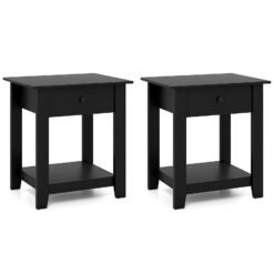 Set of 2 Nightstand with Drawer 3-Tier Modern Bedside Table-Black