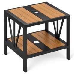 Outdoor Side Table with 4 CM Umbrella Hole and Storage Shelf