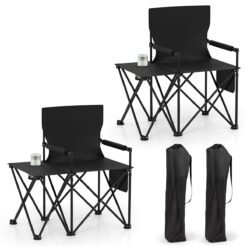Set of 2 Oversized Camping Chair with Side Table and Storage Pockets-Black