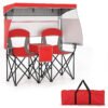Double Beach Chair with Adjustable Canopy and Roll-up Shade-Red