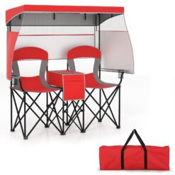 Double Beach Chair with Adjustable Canopy and Roll-up Shade-Red