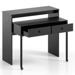 Extendable Computer Desk with 2 Storage Drawers Convertible Home Office Desk -Black