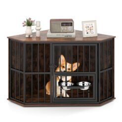 Corner Dog Crate Space Saving Dog Cage with Adjustable Feeder-Coffee