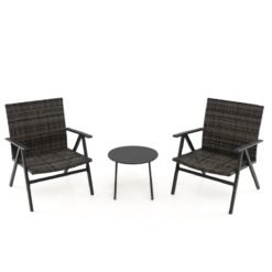 3 Piece Patio Bistro Set Metal Frame Leisure Armchair and Table Set with Rattan Seat and Back-Grey