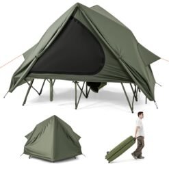 2-Person Foldable Off-Ground Camping Cot Tent with Wheeled Bag-Green