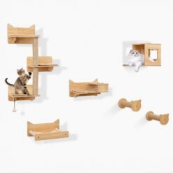 6 Pieces Cat Wall Furniture Set with Food Water Bowl and 3-step Cat Tree-Natural