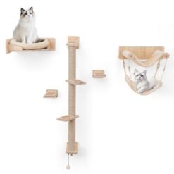 5-piece wooden Cat wall shelves with jute scratching posts and hanging ball-Natural