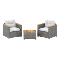 3 Pieces Patio Rattan Furniture Set with Cushions and Acacia Wood Top Coffee Table-White