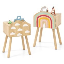 Kids Nightstand Set of 2 with Rainbow and Cloud Patterns-Natural