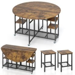 3-Piece Folding Dining Table Set with Large Tabletop and Storage Racks-Rustic Brown