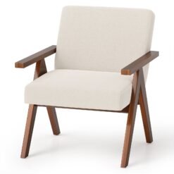 Modern Accent Chair Linen Fabric Armchair with Solid Acacia Wood Frame-Beige
