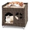 Foldable 2-tier Rattan Cat House Wicker Kitten Condo Indoor Pet Furniture Side Table-Brown