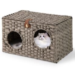 Foldable Cat Bed for Indoor Cats 60 cm x 35 cm x 35 cm Large Rattan Kitten Condo House-Grey
