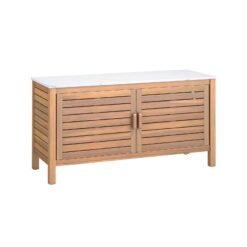 Patio Storage Cabinet 2-Door Acacia Wood Storage Container with Faux Marble Top