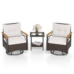 3 Piece Outdoor Swivel Chair Set Patio Wicker Rotating Chairs with Table-White