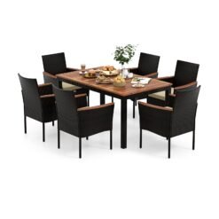 7 Pieces PE Rattan Outdoor Patio Dining Set for Yard Garden and Poolside-Brown