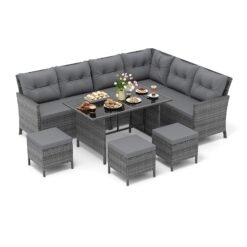 7 Pieces Patio Dining Furniture Set Outdoor PE Rattan Sectional Sofa Set-Grey