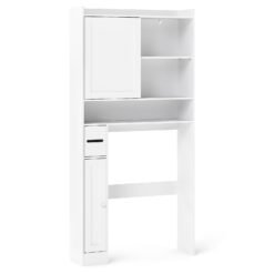 Over-the-Toilet Storage Cabinet Standing Toilet Rack with Sliding Door-White