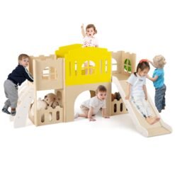 7-in-1 Toddler Slide Set with Ladder and Long Aisle Wooden Playground-Multicolor