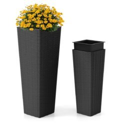Rattan Tall Planter Set of 2 Outdoor Large Tapered Planters-Black