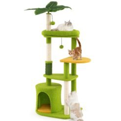 Cute Cat Tree for Adult Cats Multi-level Kitty Tower with Artificial Leaves-Green