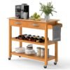 Kitchen Island with Storage 3-Tier Rolling Utility Cart with Wood Countertop-Natural