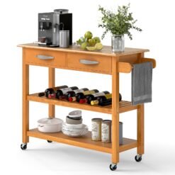 Kitchen Island with Storage 3-Tier Rolling Utility Cart with Wood Countertop-Natural