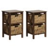 Set of 2 Nightstands Drawer Sofa Side Table with Seagrass Baskets-Walnut-2-Tier