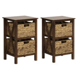 Set of 2 Nightstands Drawer Sofa Side Table with Seagrass Baskets-Walnut-2-Tier