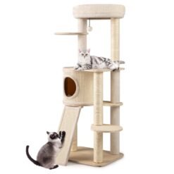 Extra Large Wooden Cat Tree with Cat Condo and Washable Cushions-Natural