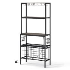 Wine Organizer with Power Outlet Multi-Tier Bakers Rack with Glass-Grey