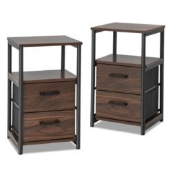 Retro Nightstand Set of 2 Metal Frame Bedside Table-Walnut-Set of 2