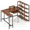 L Shaped Desk with Storage Shelves Corner Computer Desk with Charging Station-Rustic Brown
