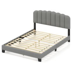 Double Size Linen Upholstered Platform Bed with Adjustable Scalloped Tufted Headboard-Double Size-Grey