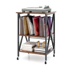 Mobile Record Player Stand with Vinyl Storage Shelves and Dividers-Rustic Brown