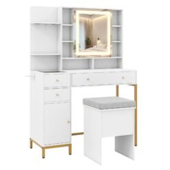Makeup Vanity Desk with Lighted Mirror and LED Lights-White