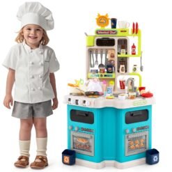 Kids Kitchen Playset Corner Play Kitchen with Realistic Sounds and Lights-Blue