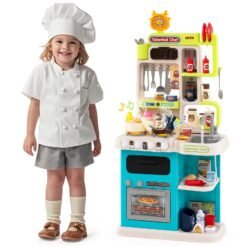 Kids Kitchen Playset Pretend Play Kitchen with Realistic Sounds and Lights-Blue