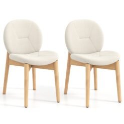 Soft Boucle Upholstered Wooden Dining Chairs Set of 2 with Rubber Wood Legs-White