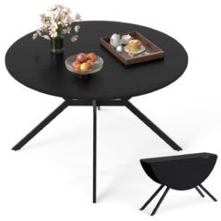 Folding Dining Table 120cm Extendable Round Kitchen Table-Black