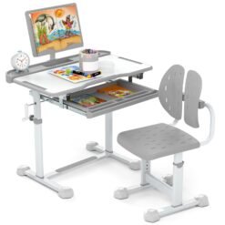 Height-Adjustable Kid's Study Desk and Chair Set with Tilt Desktop and Footrest Bar-Grey