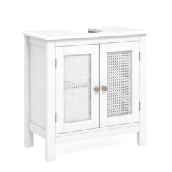 Pedestal Sink Storage Cabinet with 2 Rattan Doors-White