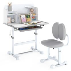 Kid's Study Desk and Chair Set with Tilt Desktop and Footrest Bar-Grey