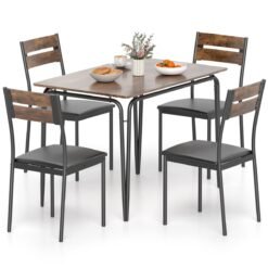 5-Piece Industrial Rectangular Kitchen Table and 4 Armless Chairs with Upholstered Seat and Spindle Back-Coffee