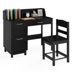 Kid's Study Desk and Chair Set with Deep Drawer and Enclosed Cabinets-Black