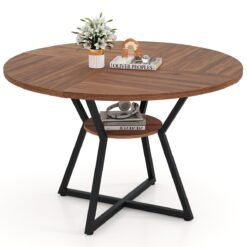 118 CM Round Dining Table with Storage Shelf and Wooden Tabletop-Brown