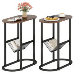 2-Tier Oval End Table Set of 2 Space-saving Slim Couch Side Table -Rustic Brown