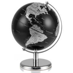 20CM Rotating Metallic Black World Globe with Metal Stand for Home School-Silver
