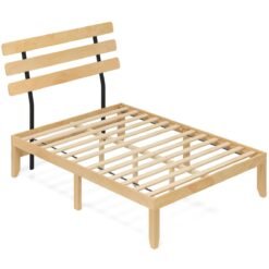 Solid Wood Platform Bed with Retro Headboard Slats Support Mattress Foundation-Natural-Double Size